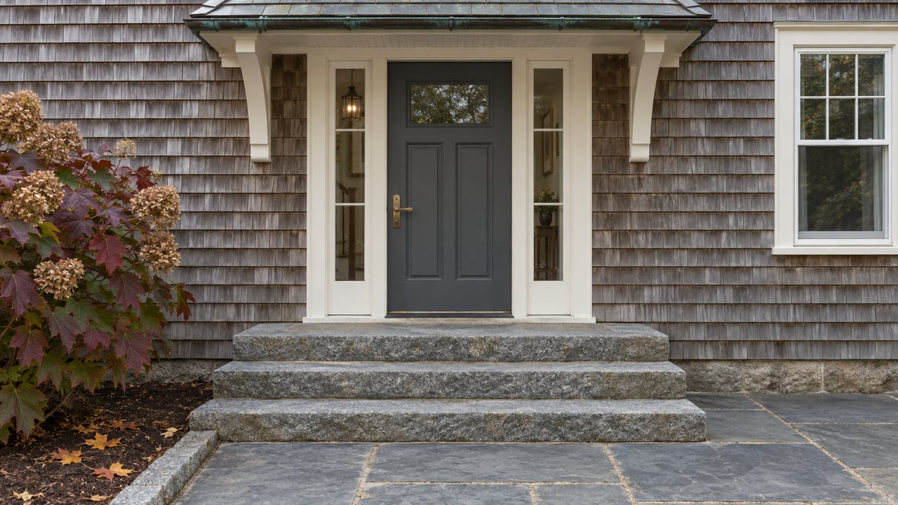 Cedar-shingled home entrance with a charcoal door, paired glazed sidelights, granite steps and autumn oakleaf hydrangea.