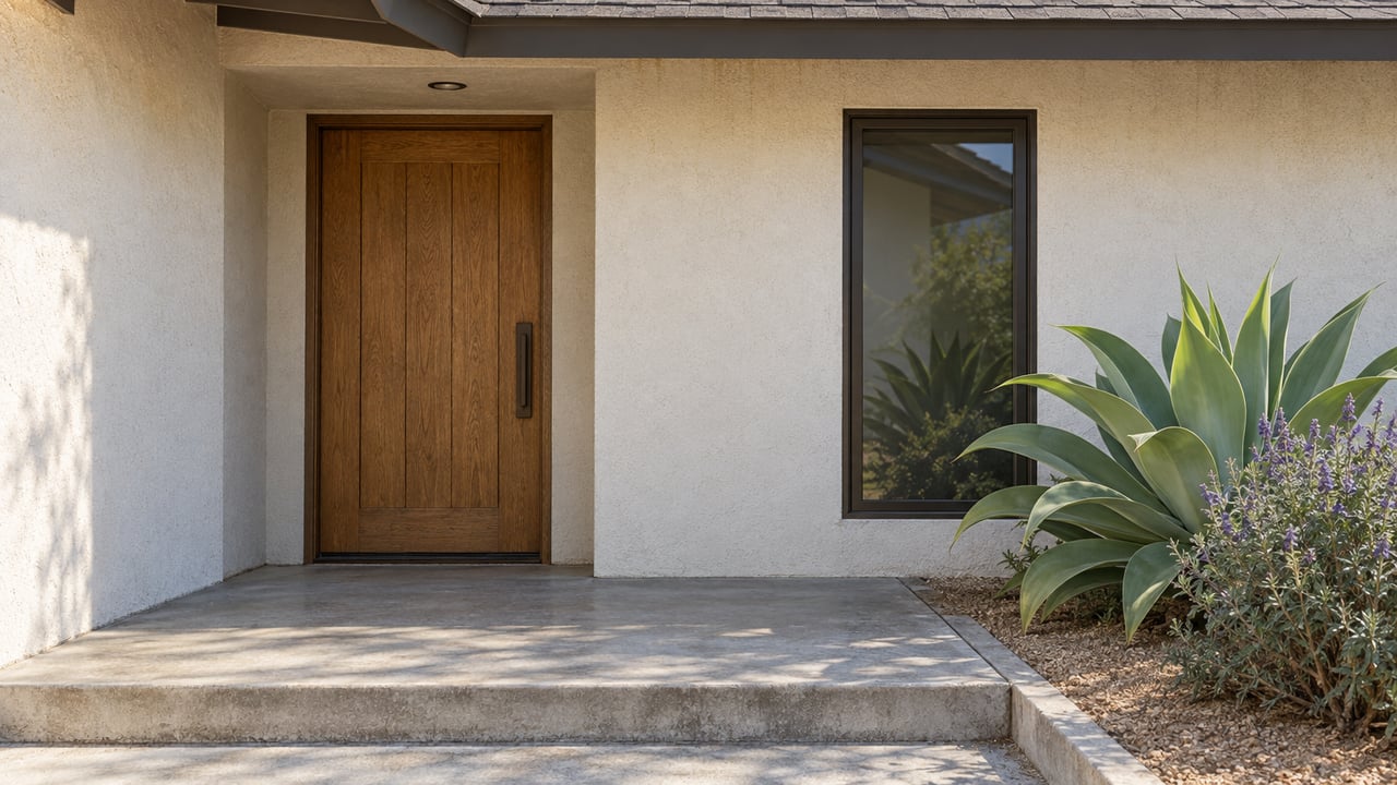 Stucco ranch-house entry with recessed oak door, bronze-framed window, and agave beside the landing.