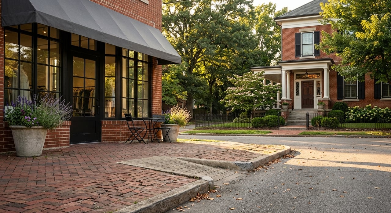 Corner storefront beside a historic brick residence, with a brick sidewalk and mature canopy trees.