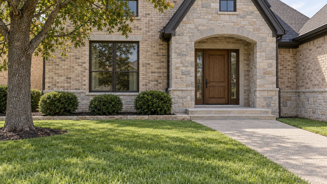 A limestone and buff-brick home entry with an oak door, bronze-framed windows and a deep manicured front lawn.
