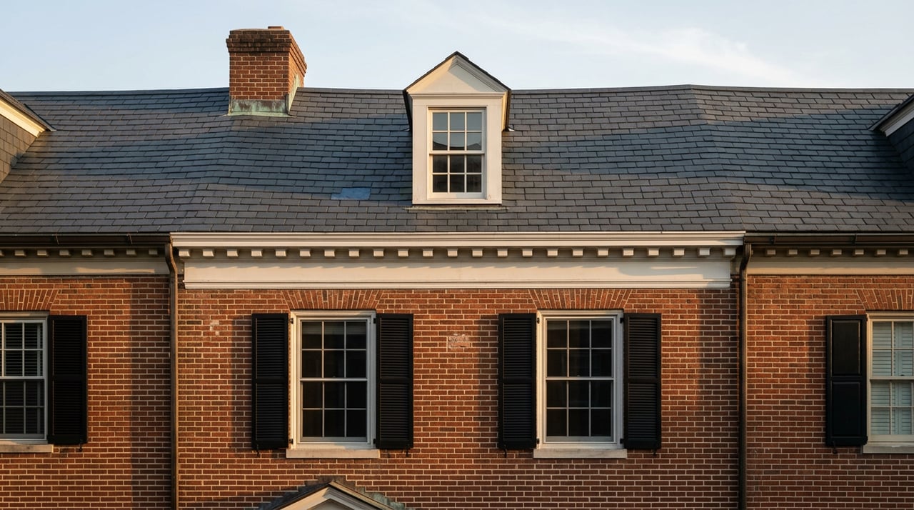 Brick townhouse facade with slate roof, gabled dormer, paired shuttered windows, and white dentil cornice.
