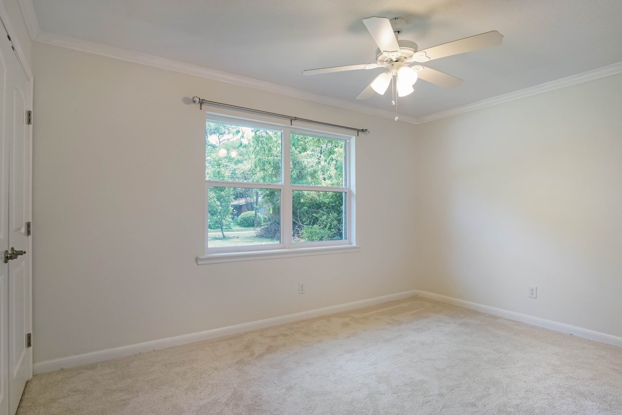 Empty room with beige carpet, cream walls, and a ceiling fan. Large window showcases a green outdoor view, suggesting a calm and inviting space.