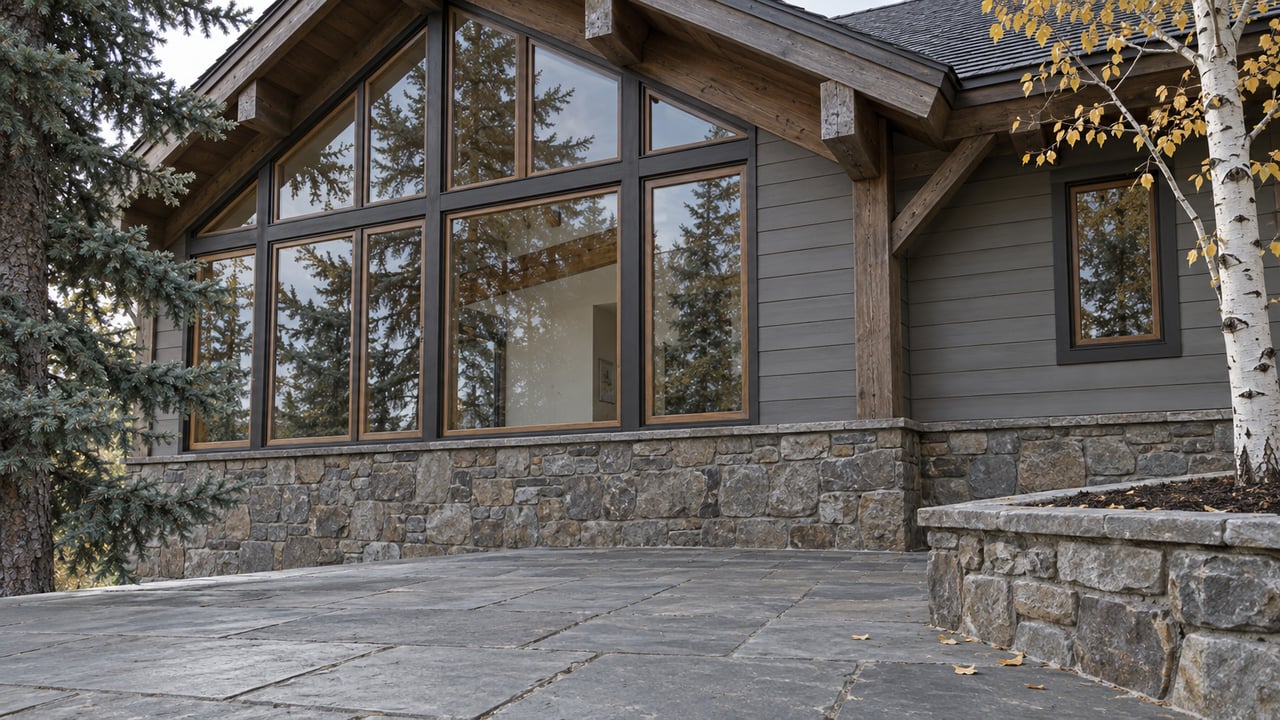 Weathered timber gable and tall enclosed windows above a slate terrace, beside a stone planting bed and sparse autumn aspen.