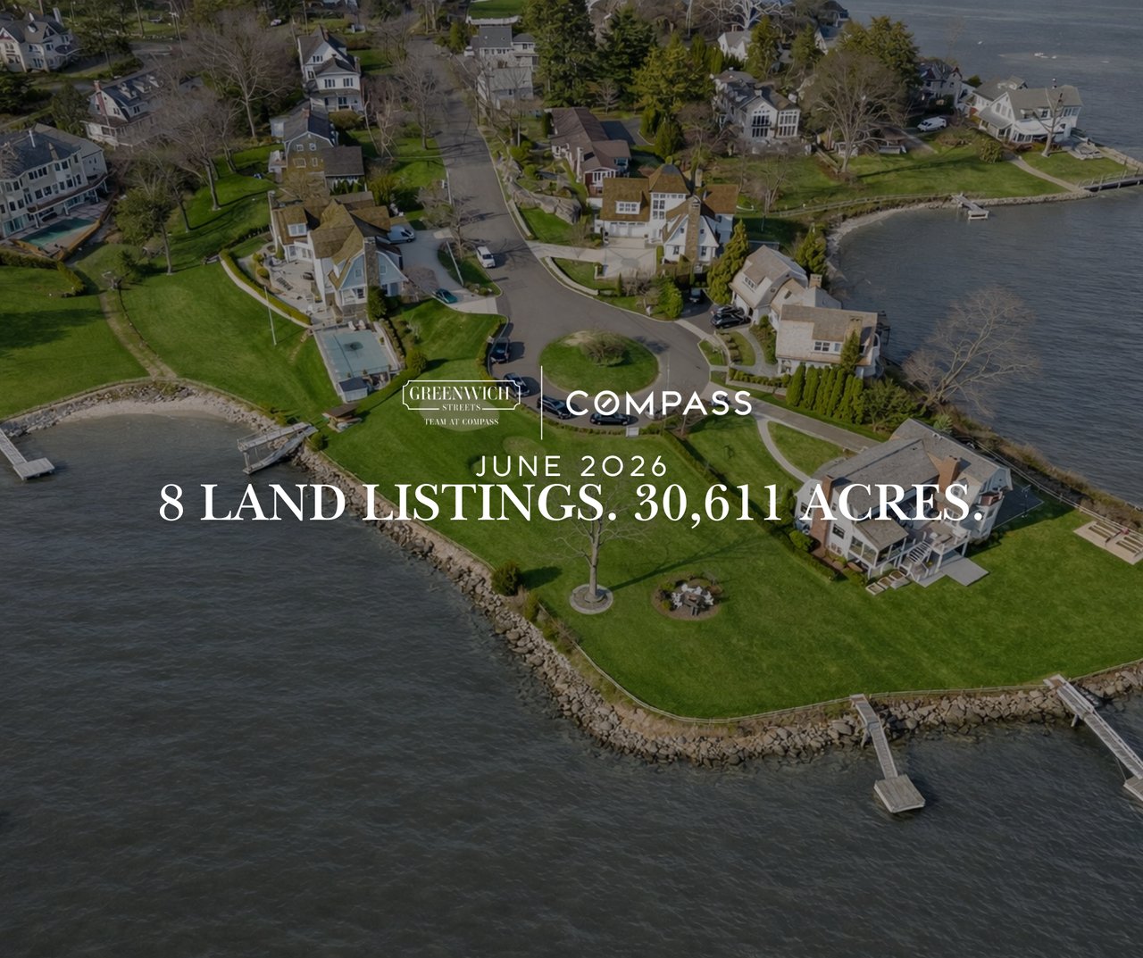 Aerial view of waterfront land and luxury homes on a peninsula in Greenwich CT. Greenwich Streets report on Greenwich land listings, sales data, and what buyers and developers need to know.