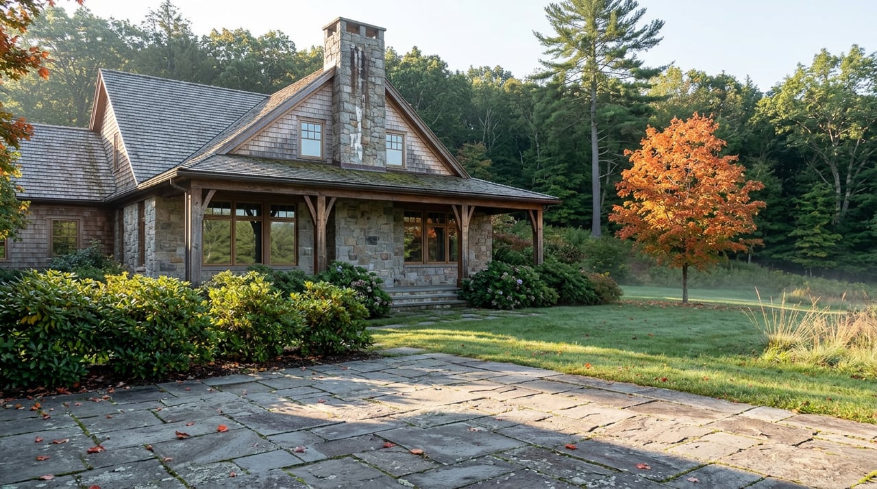 Stone-and-cedar mountain home beyond a leaf-strewn terrace, with an orange-red maple against a wooded hillside.