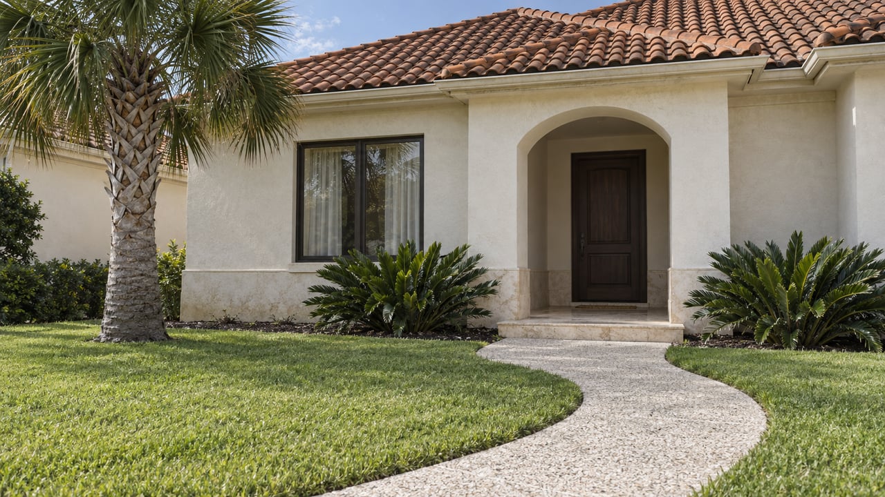 Off-white stucco home with an arched entry, curved shell-aggregate approach, lawn, and palm tree.