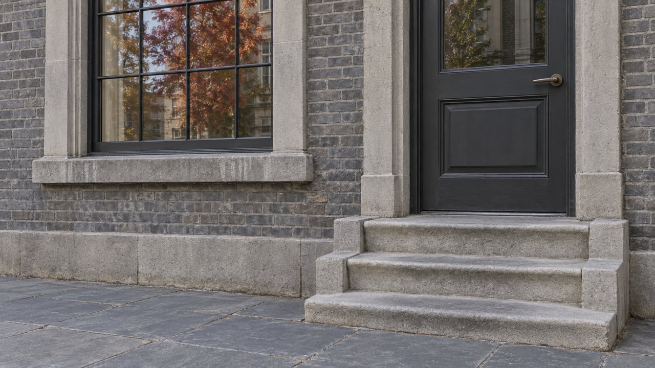 Close view of a gray-brick townhouse entrance with worn limestone steps, a dark door and a black divided-light window reflecting autumn leaves.