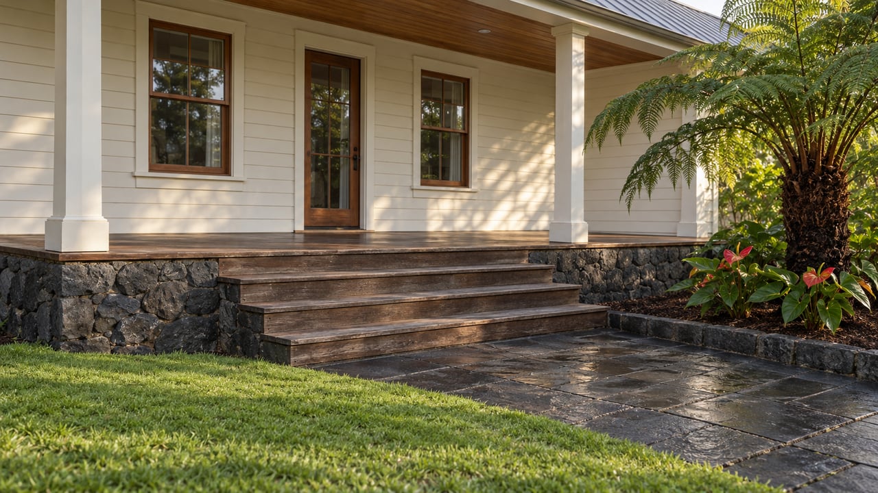 Ivory timber house with a sheltered wood veranda, broad steps, damp basalt path and a planted tree fern beside a green lawn.