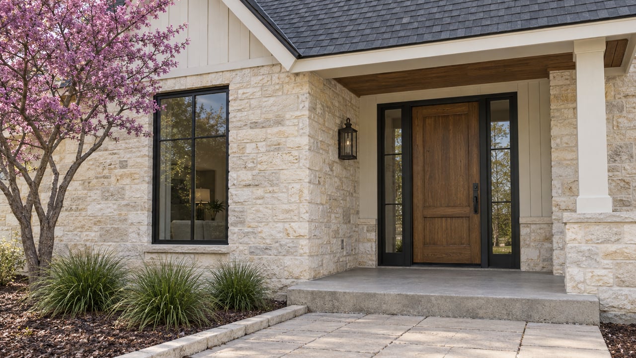 Close exterior view of a limestone and vertical-sided home entrance with a stained oak door, black-framed glazing and a small planted bed.