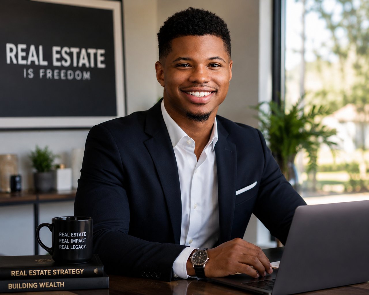 VeShawn Blackshire smiles at a desk beside real estate books and a laptop.
