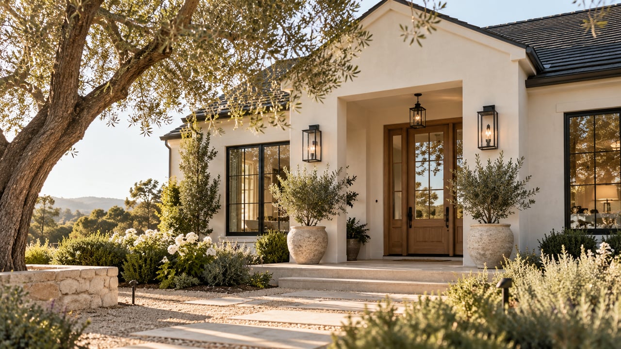 White stucco home with wooden double doors, potted plants, and a stone front walkway.