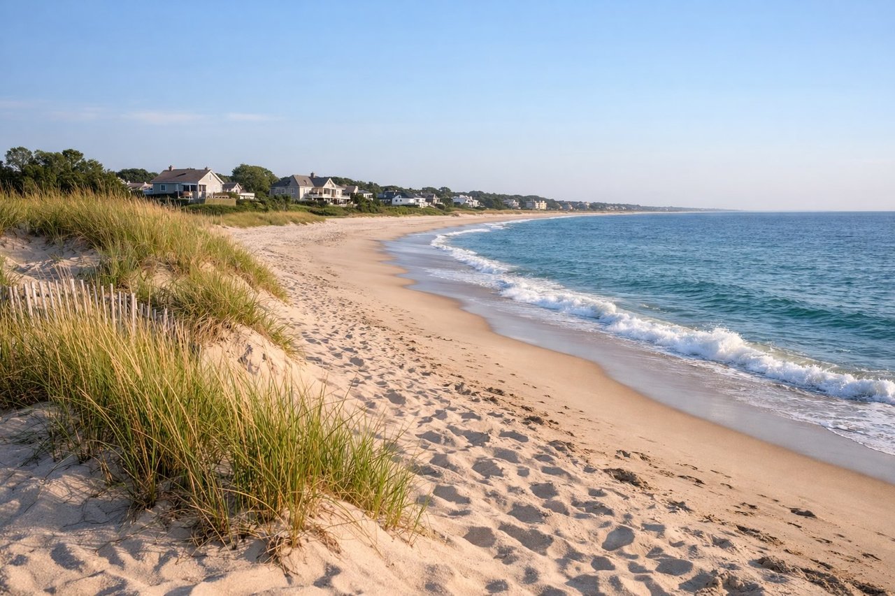 Ocean beach scene near Remsenburg with wide sand, dunes, and summer surf