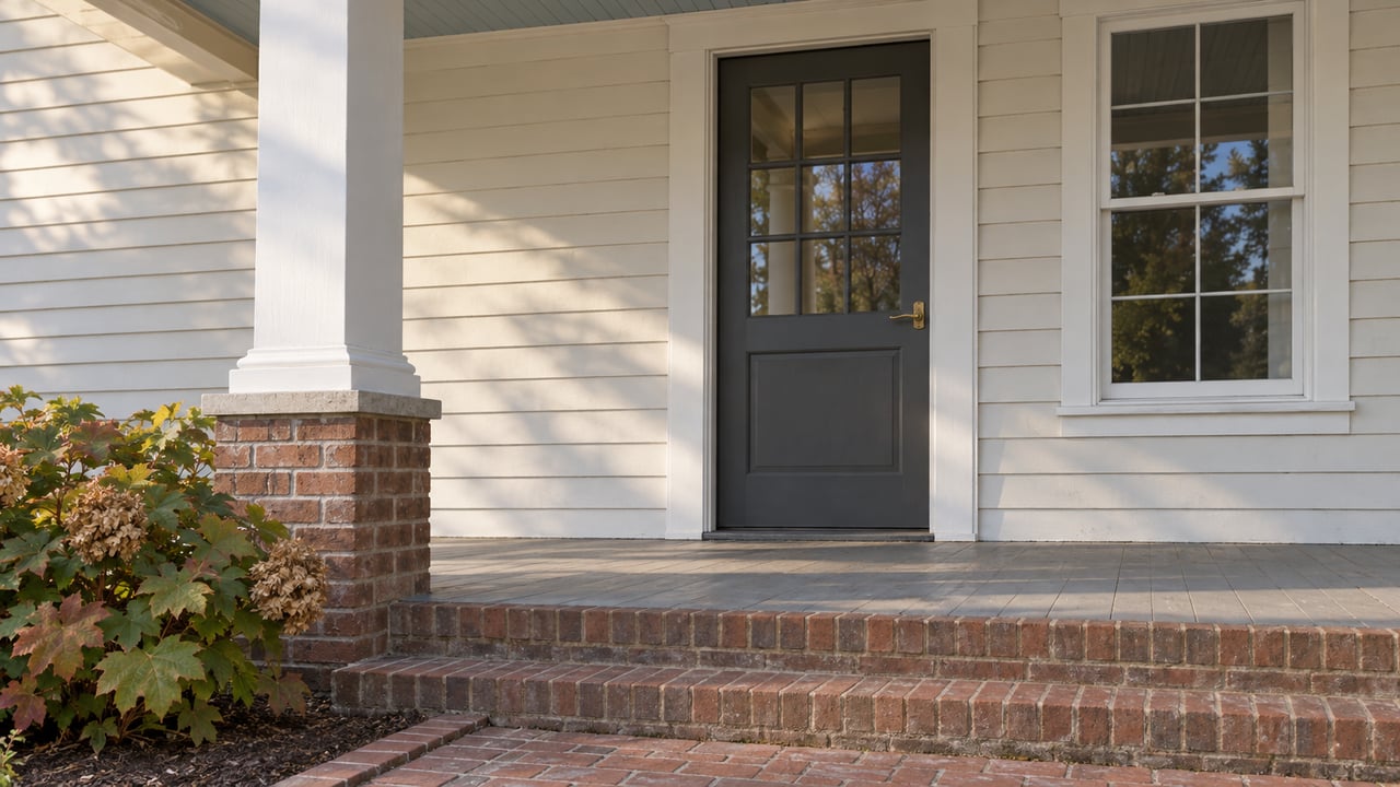 Covered home entry with cream wood siding, a charcoal glazed door, brick steps and an oakleaf hydrangea.
