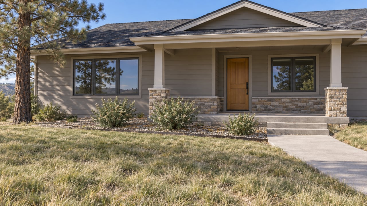 Single-story ranch home with gray siding, stone porch supports and a deep dry lawn beside a mature ponderosa pine.
