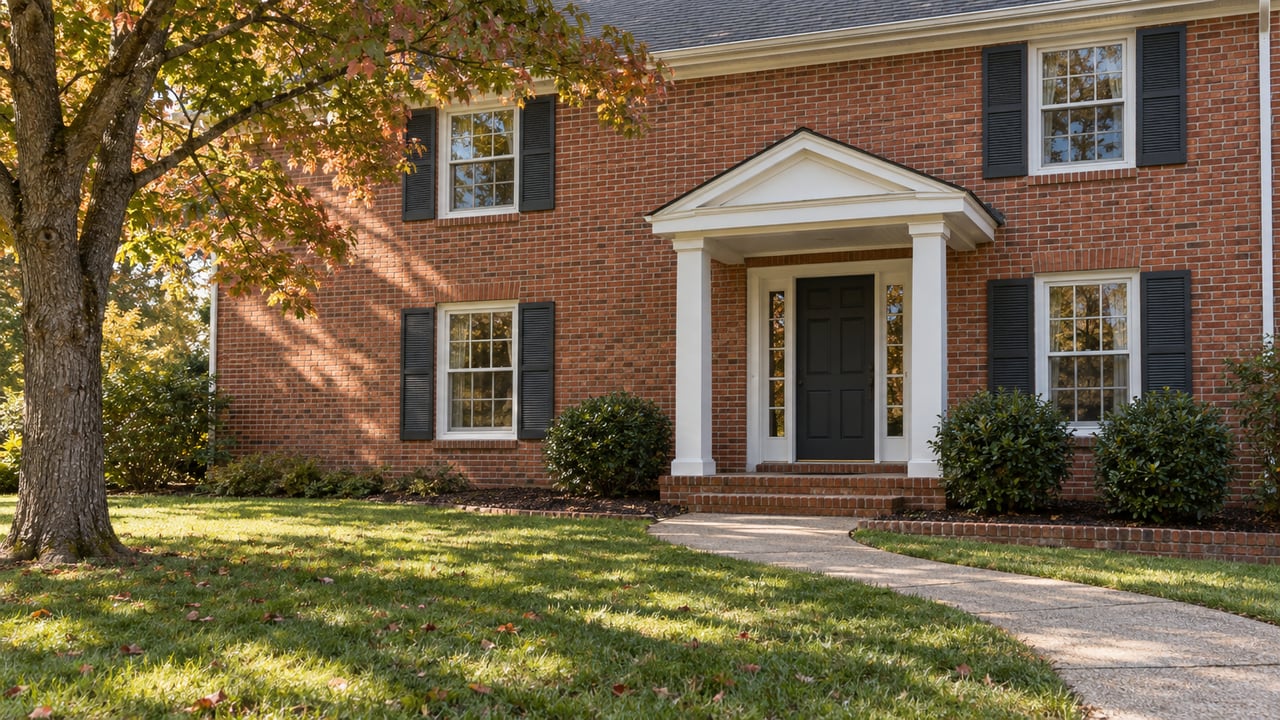 Red-brick home with white portico, dark shutters and an autumn maple beside a curved front walk.