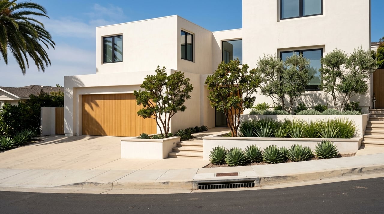 Contemporary stucco homes with black-framed windows and sculpted drought-tolerant landscaping along a curved street.