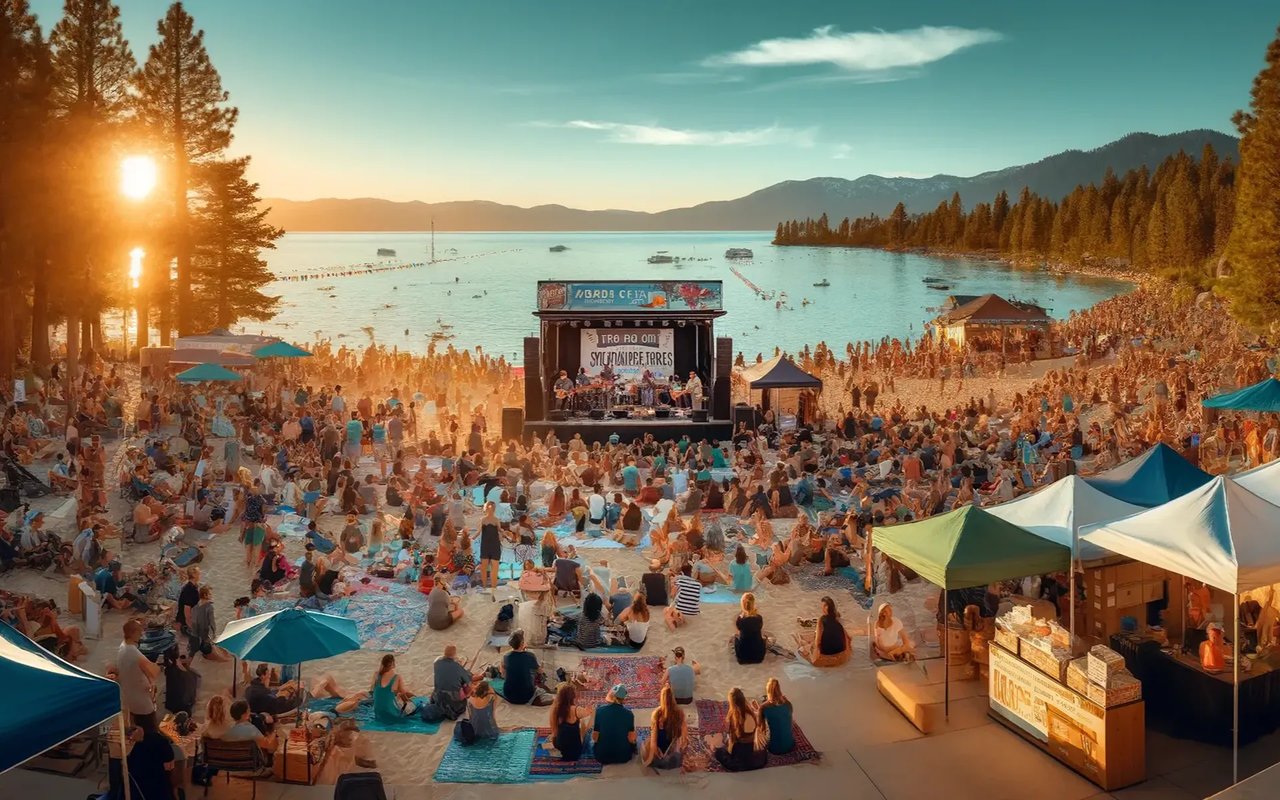 Crowded outdoor concert at Tahoe City's Commons Beach beside the lake at sunset.