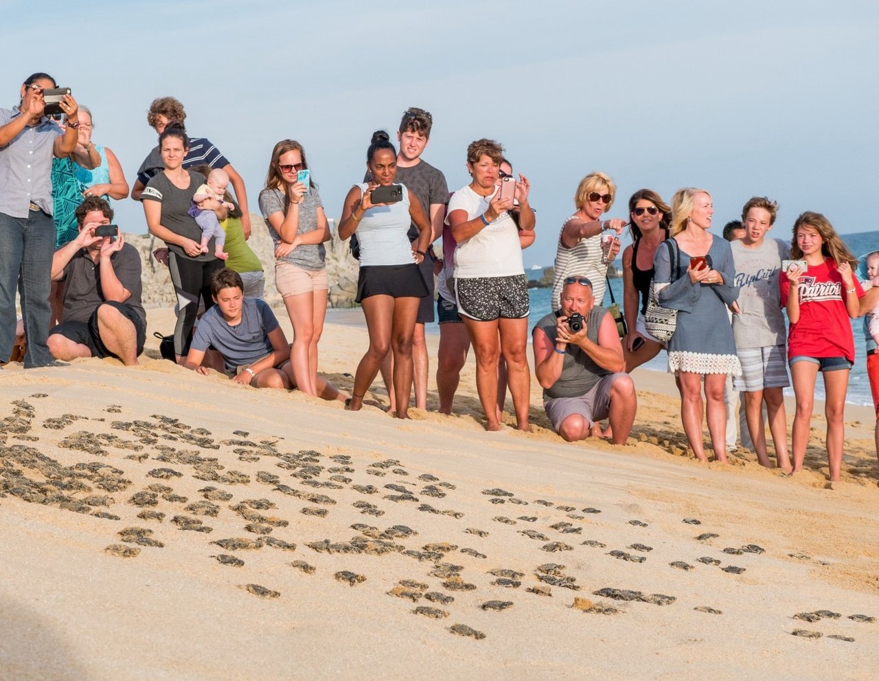 Residents at a sea turtle release on the beach at Quivira