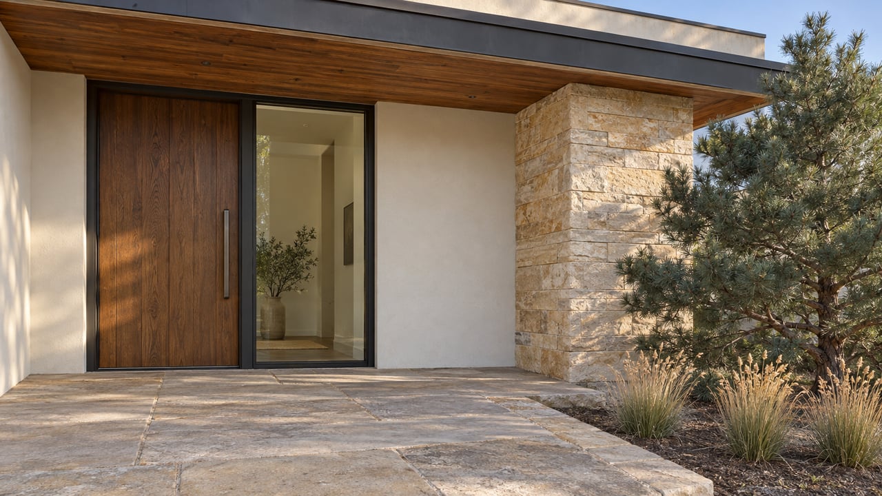 Contemporary home entrance with a sheltered oak door, bronze-framed glass, buff sandstone walls and a pinyon pine beside the stone landing.