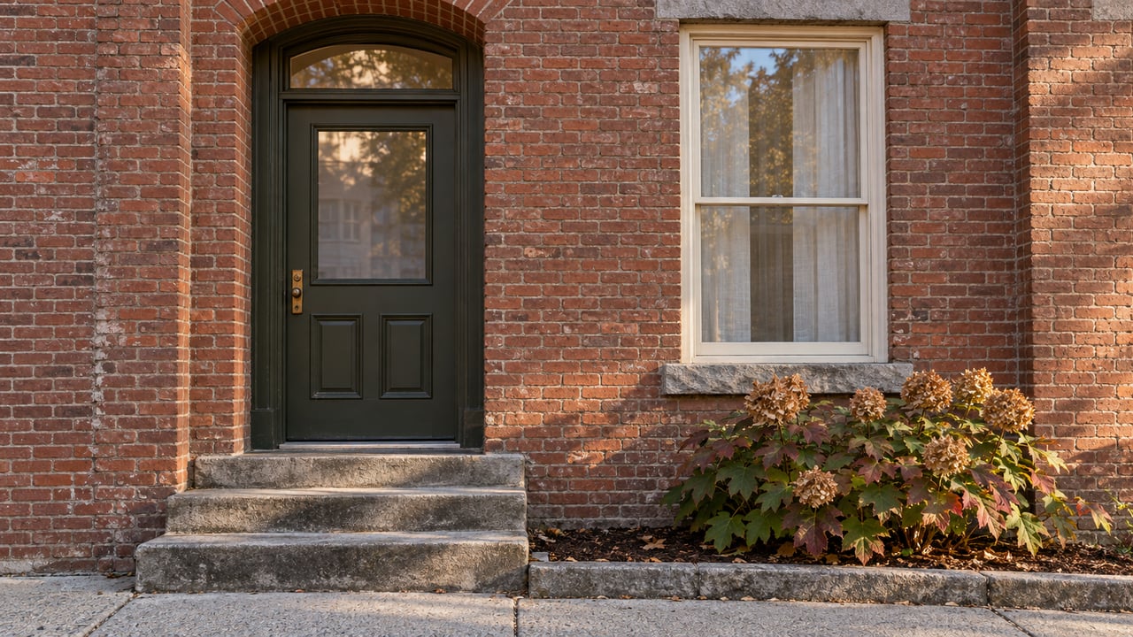 Red brick home entrance with an arched dark door, stone steps, and dried hydrangeas.