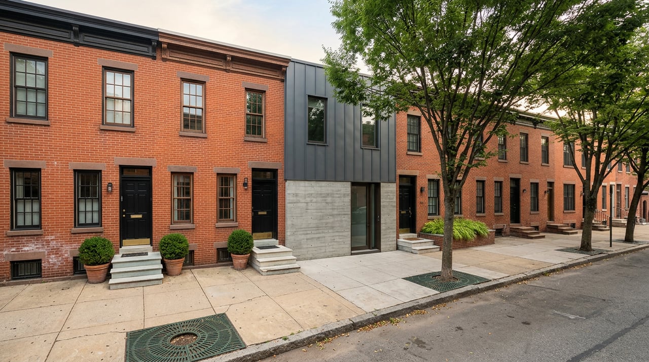 Brick rowhomes and a dark metal infill facade recede along a tree-lined sidewalk with worn stone stoops.