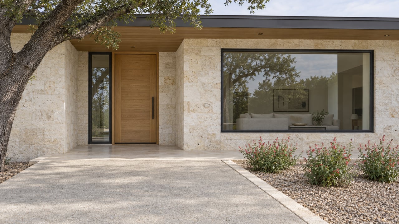 A limestone home with a recessed wood entry door, dark-framed window, and broad concrete approach beside flowering sage.
