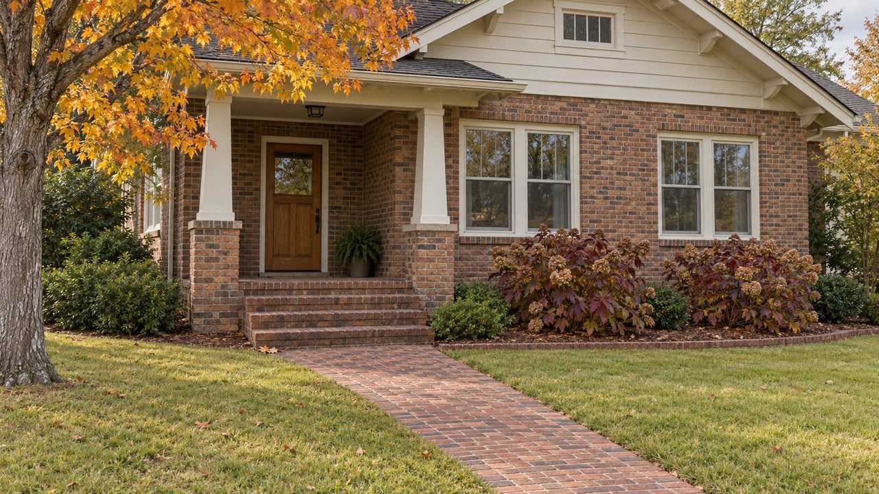 An established brick house with a cream gable and covered porch behind a deep autumn lawn and worn brick approach.