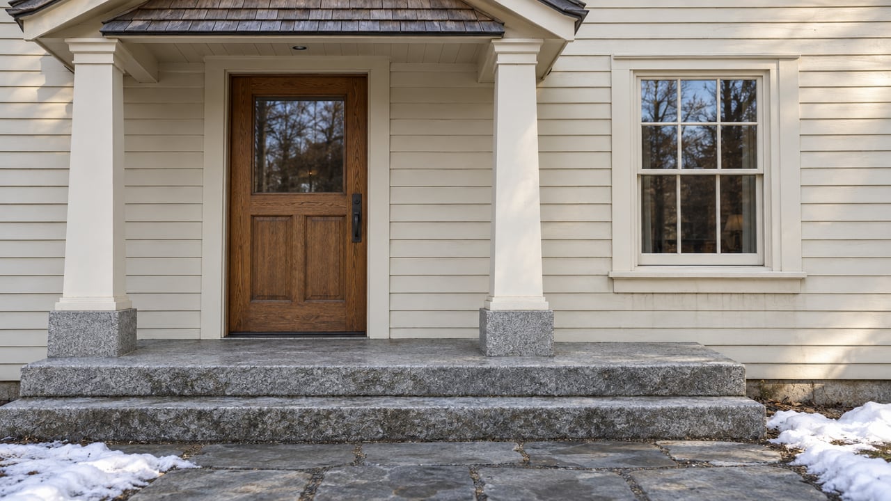 Sheltered entrance of an ivory clapboard home with an oak door, divided-light window and broad granite steps in pale winter sunlight.