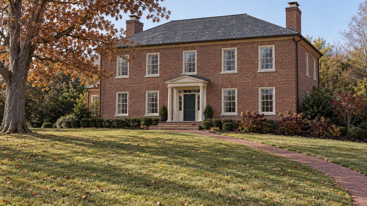 Traditional brick house with slate roof, limestone entry steps, and a broad autumn lawn beneath a mature oak.