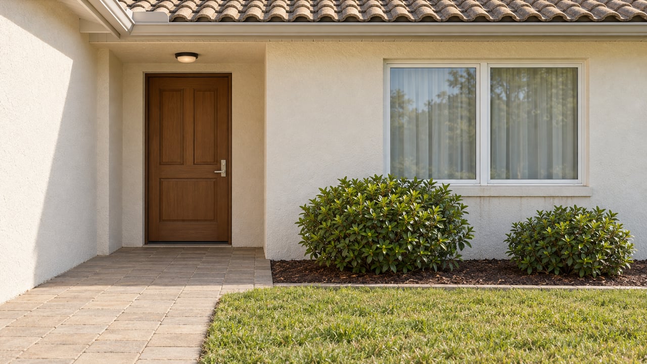 Sunlit stucco home entrance with a wood-toned door, paired window, sand-colored paving and a neatly edged lawn.