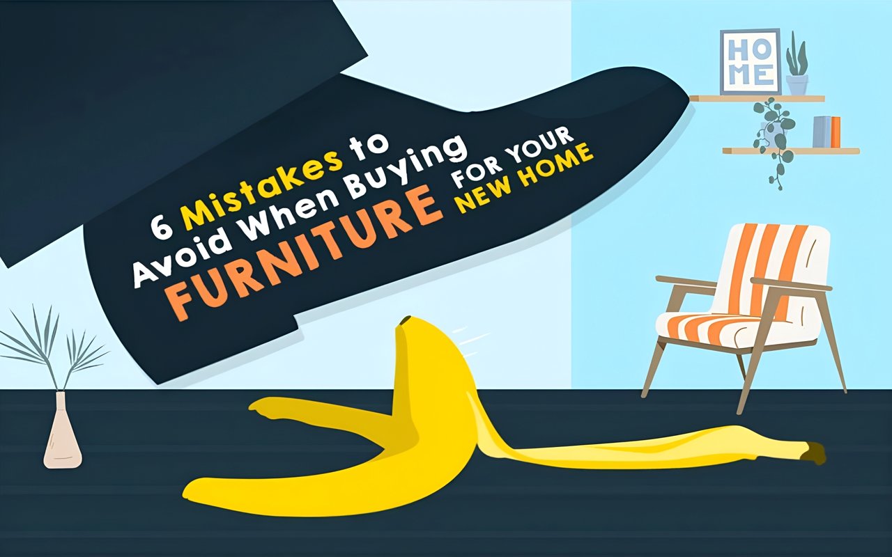 Illustration about furniture-buying mistakes, with a banana peel on the floor and a striped chair.