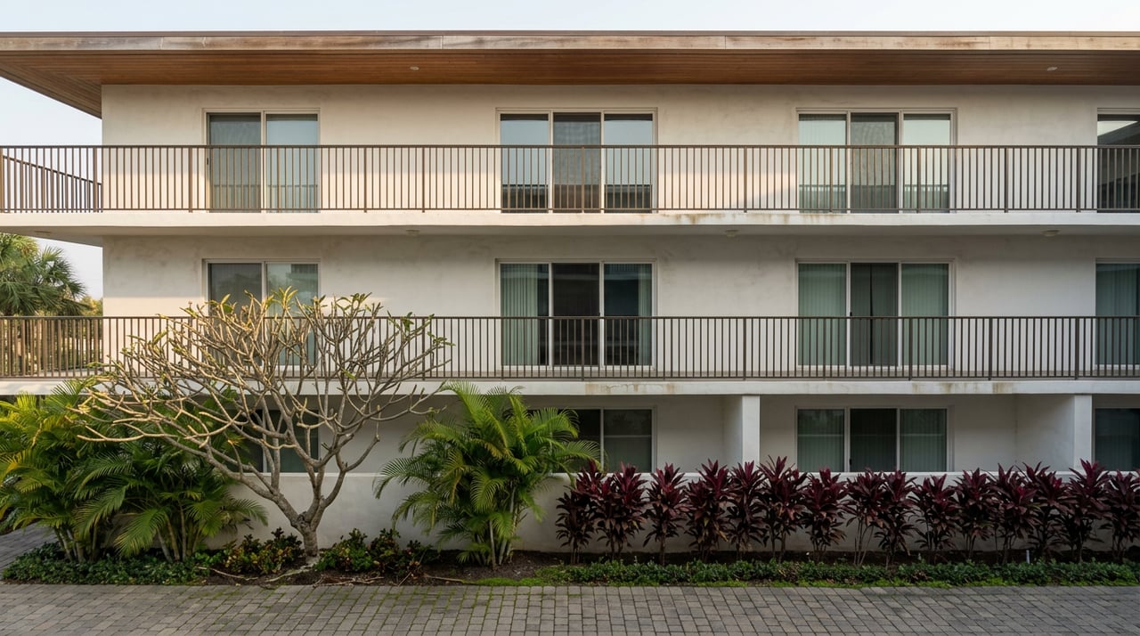 Three-level white stucco resort building with stacked lanais, dark railings, palms, and a branching plumeria.