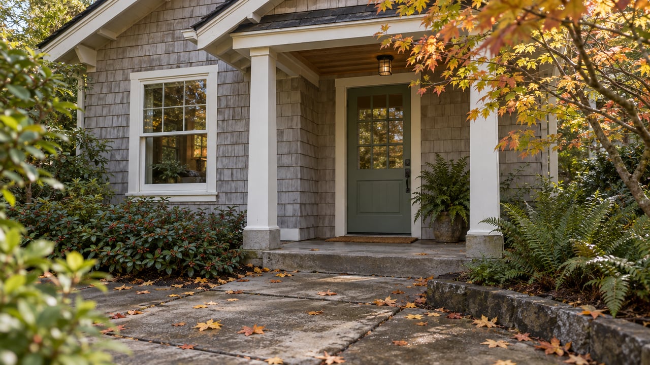 Cottage entry with a sage door, gray shingles, and copper-yellow maple leaves above concrete slabs.