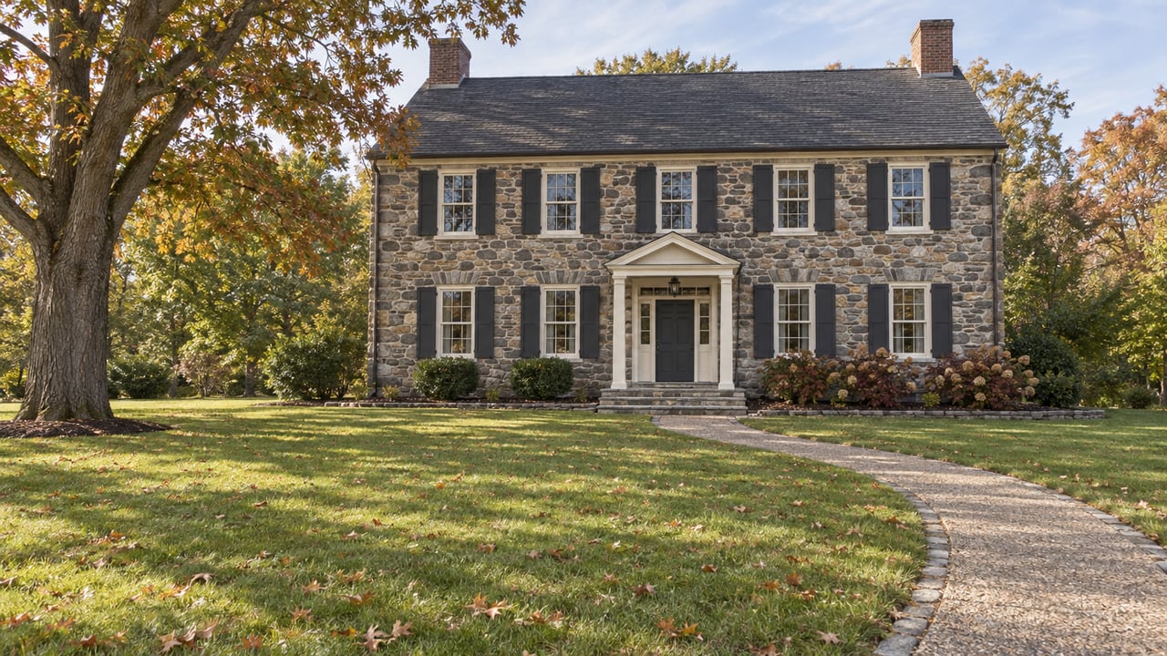 Fieldstone home with symmetrical windows, a small entry portico and curved walk across a broad autumn lawn beneath a mature oak.