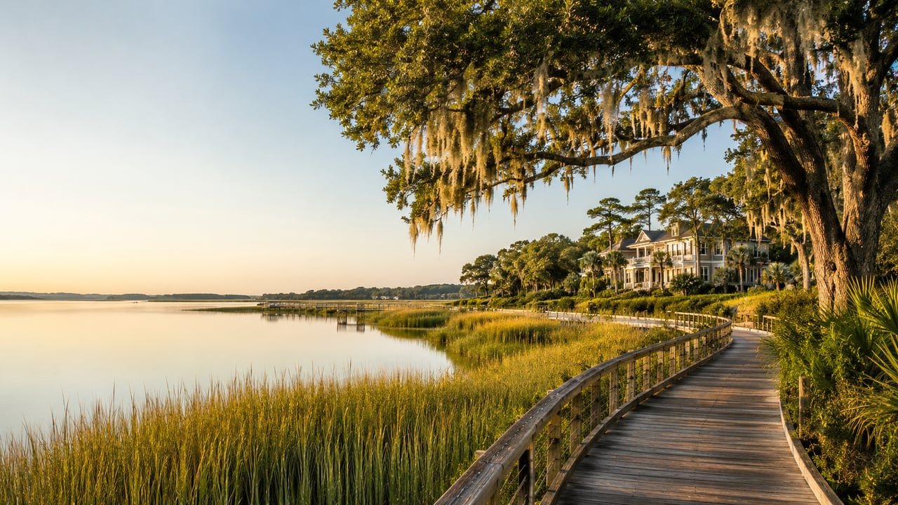 Boardwalk curves beside a calm marsh toward waterfront homes beneath Spanish moss-draped live oaks.