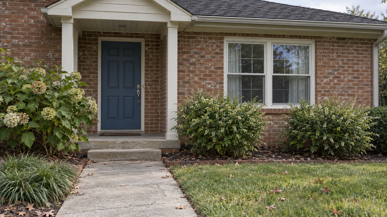 Brick house entry with a deep blue door, white-framed window, concrete walkway, and small planting beds.