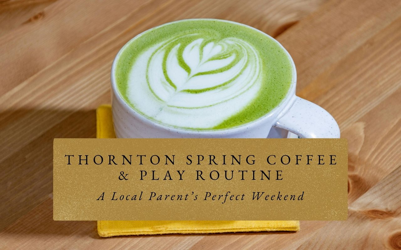 Family enjoying matcha lattes and croissants on the patio at Joy Brew in Thornton, blending coffee and kid fun.