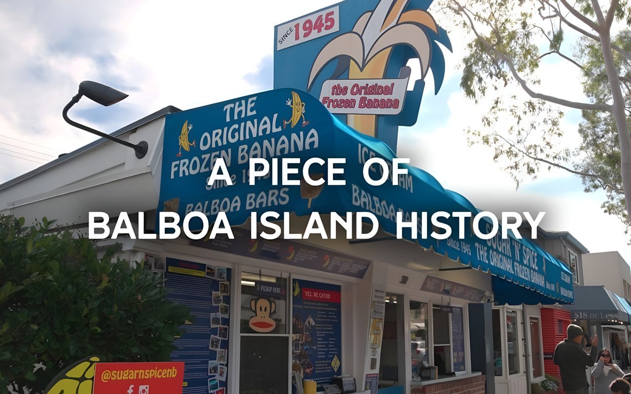 A photo of a building with a blue awning that reads "The Original Frozen Banana" and "Balboa Bars".