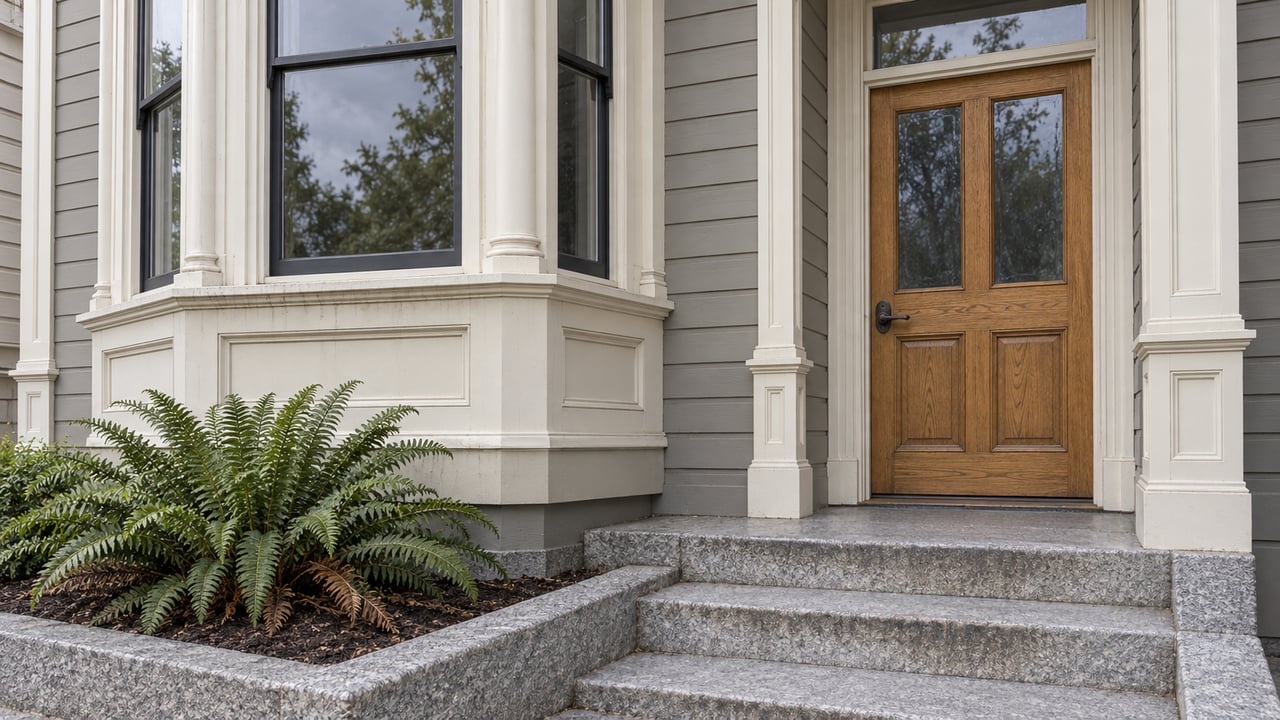 Painted wood bay window and recessed oak entrance above worn granite steps beside a sword fern.