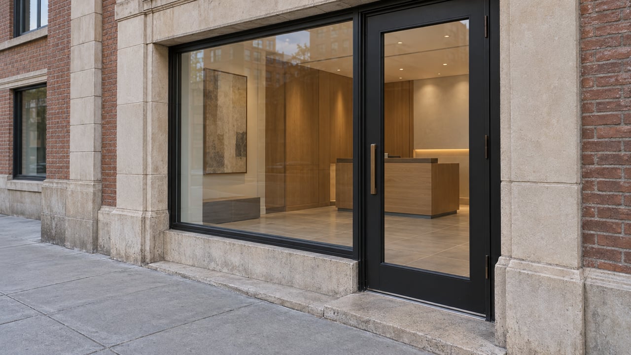 Worn limestone and reddish brick surround a black steel-framed commercial entrance, with oak millwork visible through closed glazing above a concrete sidewalk.