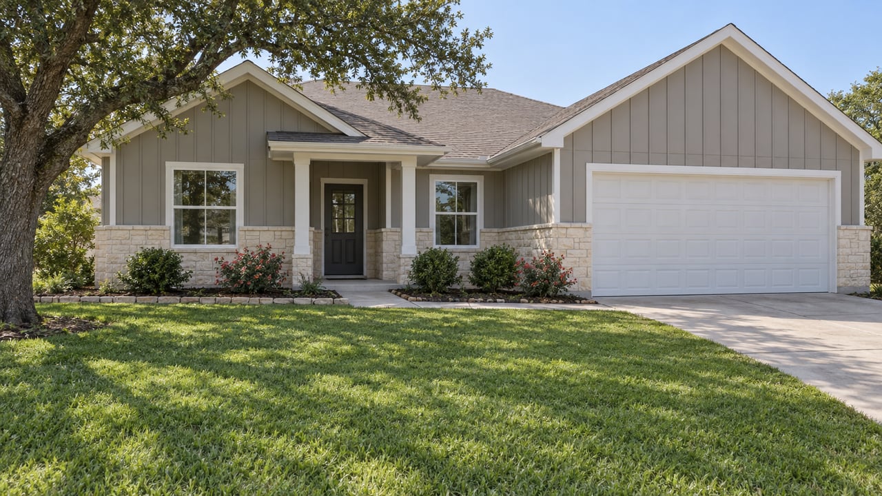 Gray gabled home with limestone lower walls, a white garage, and a broad green front lawn beneath a mature oak.