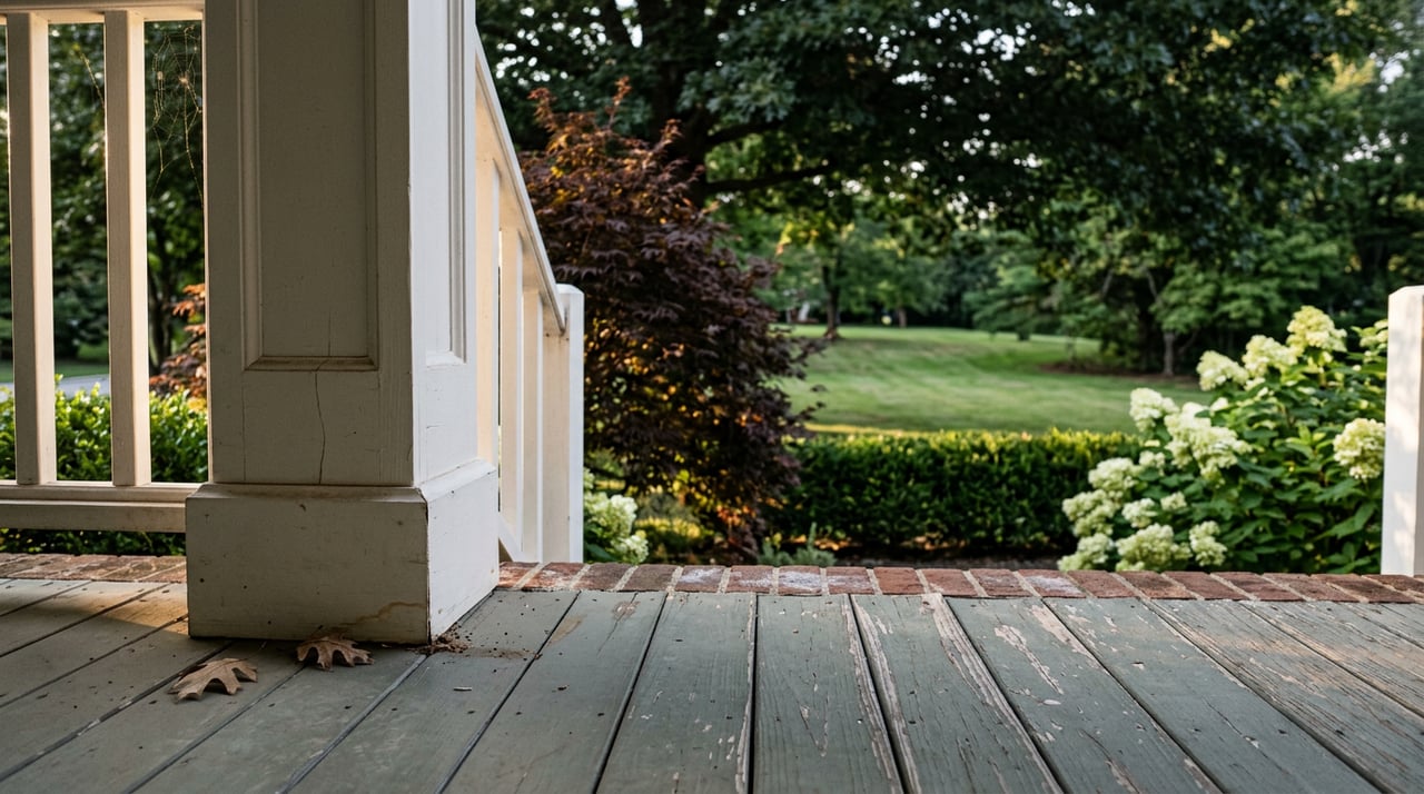 White paneled porch column beside gray-green floorboards, with a sunlit lawn and red maple beyond.