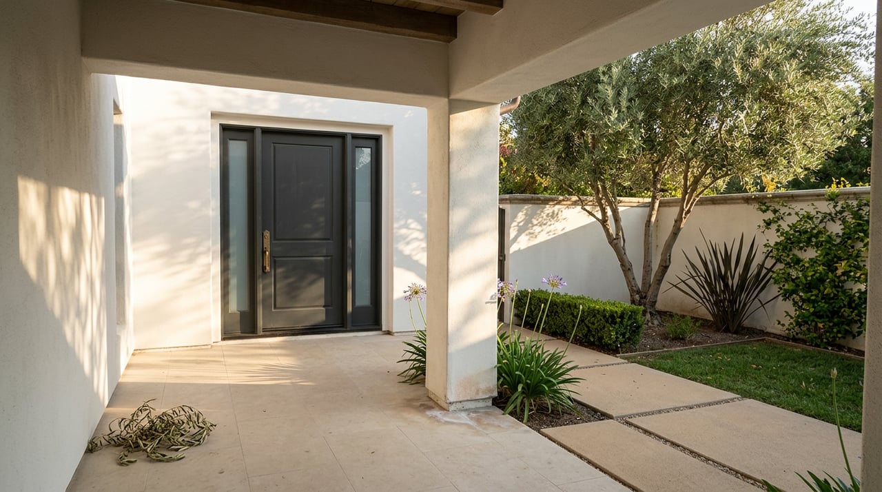 Covered stucco entry with a charcoal door, limestone porch, and olive-shaded walkway to a low garden wall.