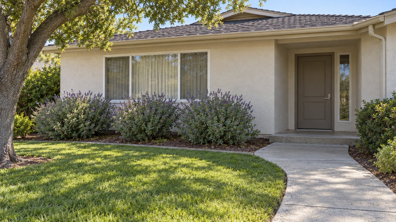 An off-white stucco home with a shaded recessed entry, broad front window, curved concrete walk and oak-shaded lawn.