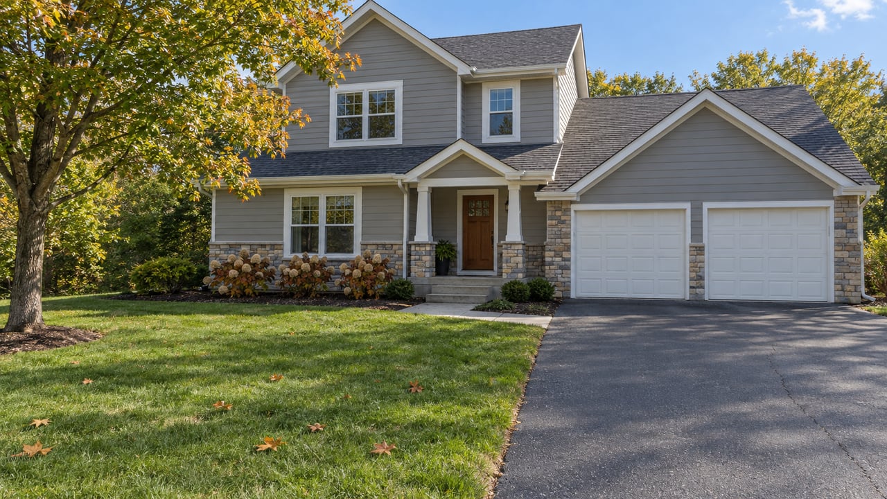 Gray-sided two-story home with a stone base, attached two-car garage, broad lawn and autumn maple.
