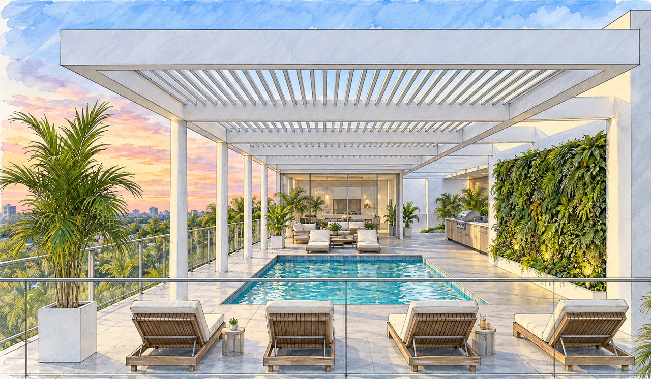 Rooftop pool terrace with pergola, lounge chairs, tropical landscaping, and a distant city skyline.