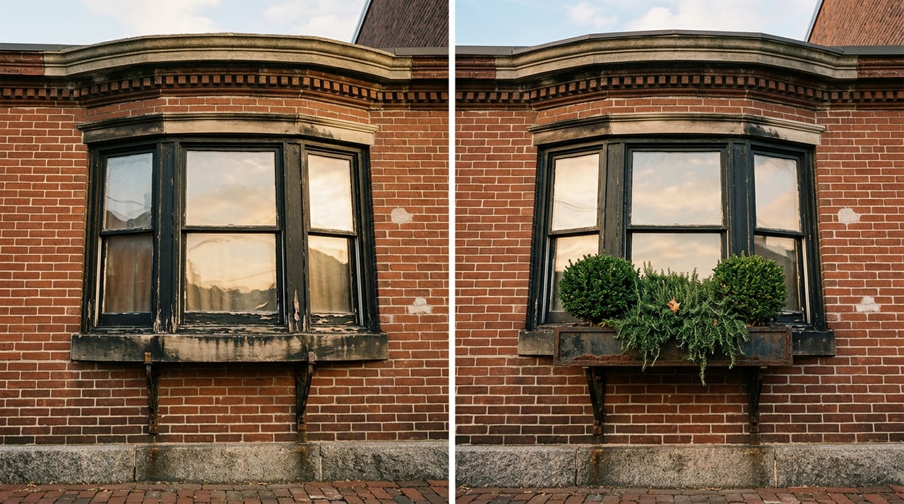 Brick rowhouse bay window with weathered sash, limestone cornice, and iron window box holding clipped boxwoods and trailing rosemary.