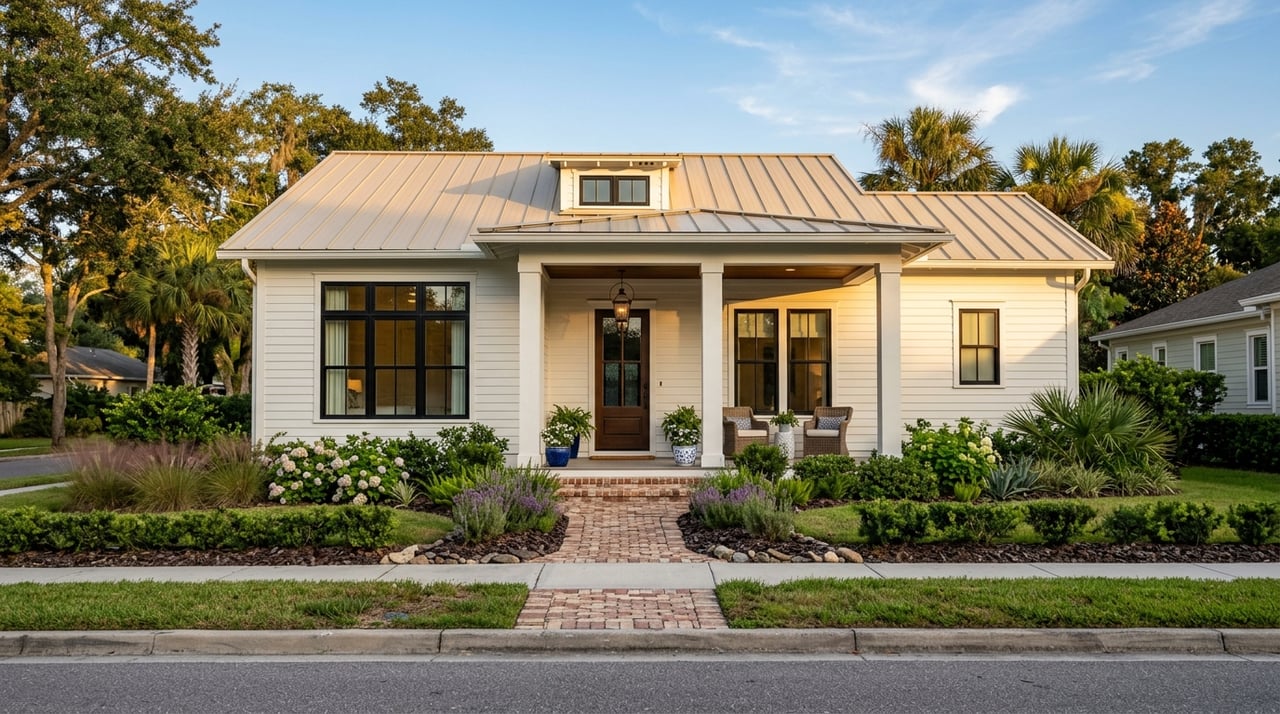 White coastal house with a sand-colored metal roof, oak front door, brick walkway, and tropical planting.