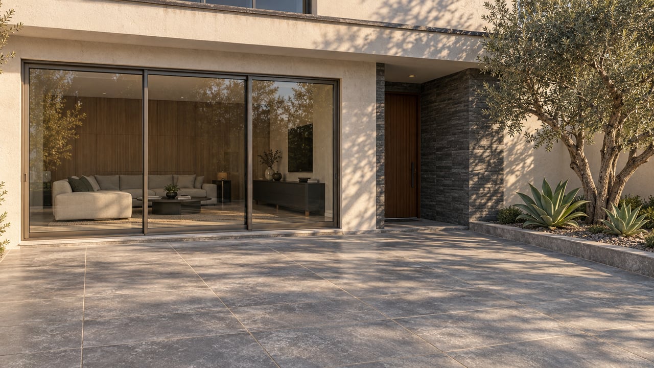 Warm afternoon light crosses gray terrace paving beside an olive tree and a stucco home with bronze-framed glass doors.