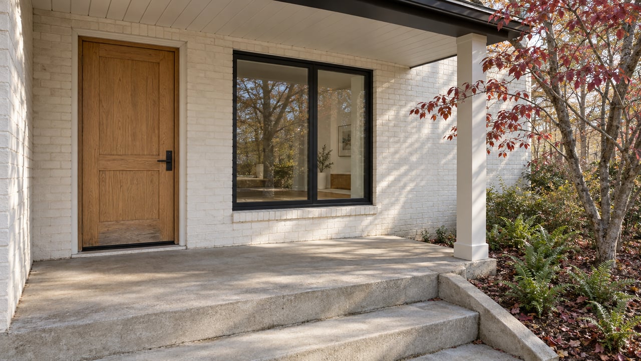 Covered entry with an oak door, white painted brick, black-framed window and concrete steps beside an autumn dogwood.